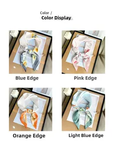 Detail view of four floral silk-like scarves in blue, pink, orange, and light blue colors