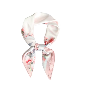 Elegant floral print satin square scarf with pink cherry blossoms and a silky finish
