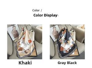 Detail of khaki and grey-black silk scarves with geometric patterns and leopard trim