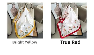 Détails de foulards en soie légère avec motifs floraux en jaune vif et rouge éclatant