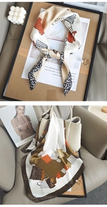 Detail of silk-like square scarf featuring vintage leopard print and handbag patterns