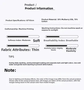 Detailed chart showing 30% silk 70% cotton fabric specs and washing tips for the scarf