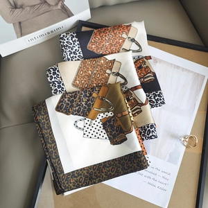 Elegant satin square neckerchief featuring leopard print and handbag illustrations