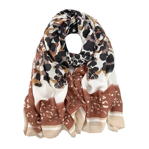 Lightweight leopard print scarf wrap for women featuring brown animal pattern on white background