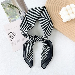 French Style Black White Stripe Square Scarf Women Silk Cotton Blend Lightweight Neck Scarf Elegant Printed Fashion Scarf