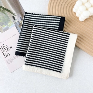 Classic black and white striped cotton-linen small square scarf set for women