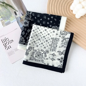 Retro paisley silk cotton square scarves in black and white with mandala patterns