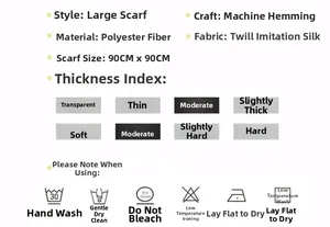 Detailed size chart and material guide for 90x90cm polyester twill square scarf