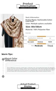 Close-up of lightweight brown floral scarf showing size 80x180cm and soft fabric specs
