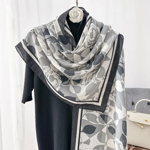 Women Elegant Floral Camellia Printed Polyester Scarf Lightweight Sun Protection Shawl Wrap Versatile Summer Travel Scarf