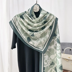 Lightweight cotton linen shawl with vintage green camellia floral print for summer sun protection