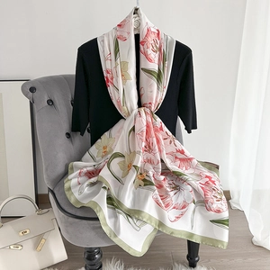 Elegant white silk scarf with pink tulip floral print and sage green border for women