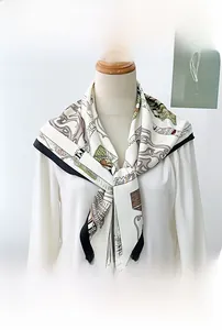 Close-up of lightweight silk scarf with abstract architectural patterns and black borders