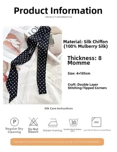 Detail of 100% mulberry silk polka dot skinny scarf showing 4x185cm size and 8mm thickness