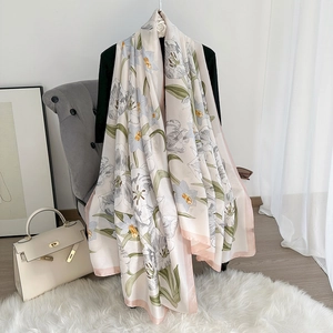 Women Elegant Floral Print Satin Long Scarf Sun Protection Lightweight Silk Like Shawl For Beach Travel Fashion Accessory