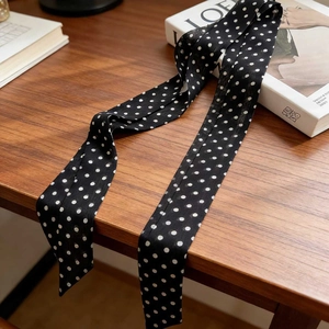 Classic black and white polka dot silk scarf in premium long narrow ribbon style