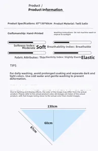 Size guide for light blue triangle scarf made of twill satin with manual screen printing