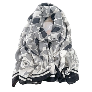 Lightweight cotton linen scarf with black white gray geometric floral print pattern