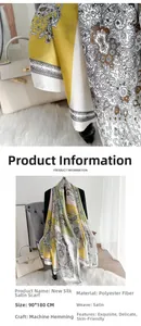 Macro detail of paisley print satin scarf showing premium fabric texture and machine hemming