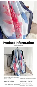 Detail of silk-satin scarf fabric showing elegant floral print and machine hem edge