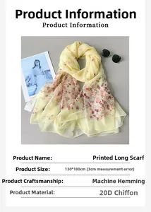 Detail of light yellow floral 20D chiffon scarf with 130x180cm machine rolled edges