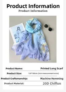 Detail of 130x180cm floral chiffon scarf with machine hemmed edges in light blue