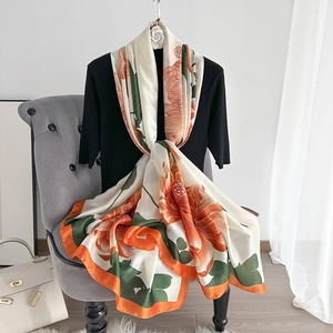 Elegant Women Floral Printed Scarf Lightweight Polyester Satin Shawl Soft Long Wrap Sun Protection Accessories For Daily Use