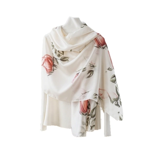 Elegante sciarpa lunga in seta avorio con rose rosse per donna, scialle leggero