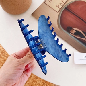 Deep blue marble pattern acetate butterfly hair claw clip with strong metal spring
