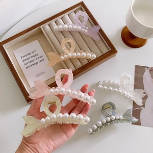 Korean Elegant Acetate Fishtail Hair Claw Clip With Inlaid Artificial Pearls Large Hair Shark Clip For Women Daily Styling Accessories