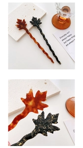 Détails d'épingles à cheveux feuille d'érable en acétate écaille et marbre avec tige ondulée