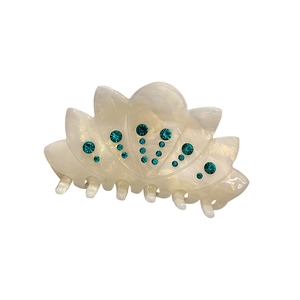 Pince à cheveux en acétate en forme de lotus avec strass sarcelles et texture perle