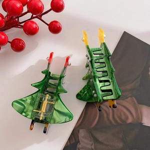 Christmas tree acetate shark hair claw clips with white pearl accents and marble texture