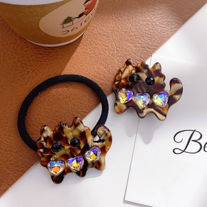 Chic acetate cat-shaped hair tie and clip set with iridescent heart rhinestones