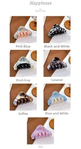 Detailed views of 7 color acetate hair claws including marble and patchwork designs