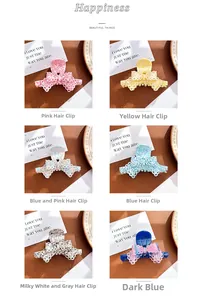 Detail view of lace hollow bow hair claws in six colors including pink and blue marble