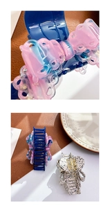 Detailed view of acetic acid lace bow hair claws in gradient blue and marble patterns