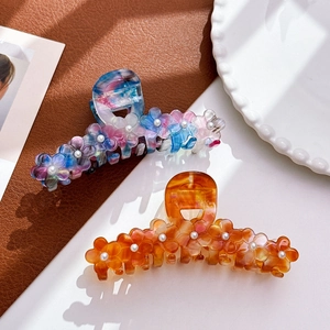 Floral large acetate hair claw clip with marble pattern and faux pearls for women