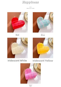 Detailed views of acetate heart hair claws in five marble colors and pearlescent finishes