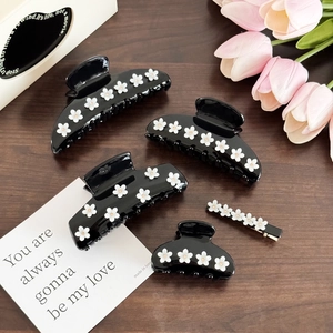 Elegant Acetate Flower Hair Claw Clip French Style Black Glossy Shark Clip With Rhinestone For Women Hair Accessories