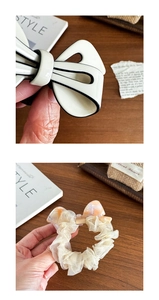 Detail von Retro-Acetat-Haargummi mit Schleife und beigem Netz-Haargummi-Set