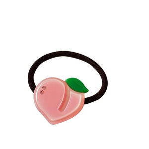 Cute peach-shaped hair tie with pink resin fruit and rhinestones on high elastic band
