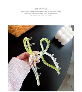 Macro detail of the high-transparency green acrylic hair claw clip for elegant styling