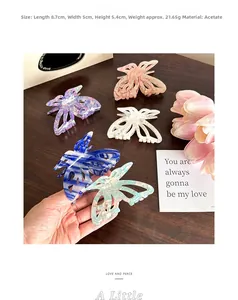 Détail de grandes pinces à cheveux papillon en acétate colorées avec dimensions précises