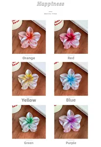 Detail view of colorful gradient plumeria hair claws in orange red yellow blue green and purple