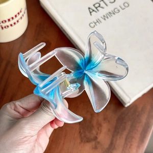 Gradient ice blue plumeria flower hair claw clip with transparent acrylic finish