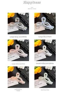 Detailed comparison of 6 acetate hair claws in various marble and plaid patterns