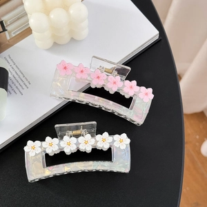 Grande Pince à Cheveux Carrée en Acrylique avec Fleurs de Cerisier Élégante Pince Crabe Iridescente Sakura pour Femme