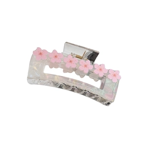 Pince à cheveux carrée en acétate avec motifs fleurs de cerisier sur acrylique clair