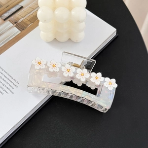 Transparent acrylic hair claw clip with delicate white cherry blossoms and gold spring